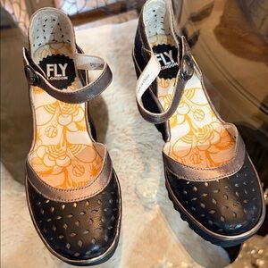 Fly London Black Metallic Mary Jane Heels with Floral Insole